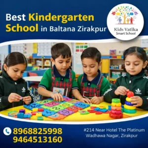 Preschool children doing fun learning activities in classroom at Kids Vatika Smart School, Best Kindergarten School Baltana Zirakpur.